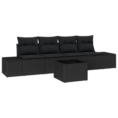 5 Piece Garden Sofa Set with Cushions Black Poly Rattan