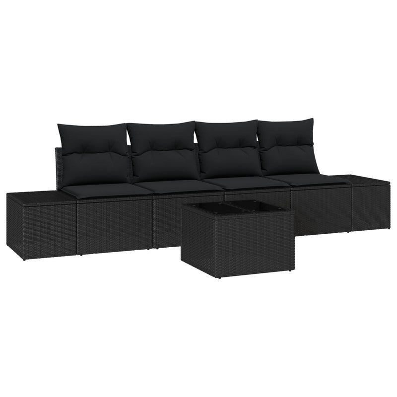 5 Piece Garden Sofa Set with Cushions Black Poly Rattan