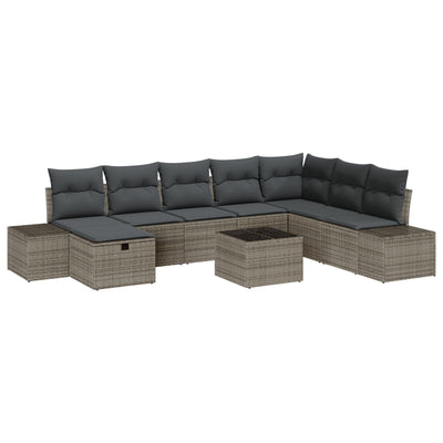 9 Piece Garden Sofa Set with Cushions Grey Poly Rattan