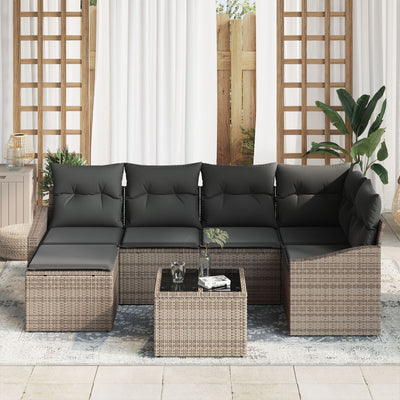 Garden Dining Set Set of 7 Grey Rattan Outdoor Sofa Rectangular