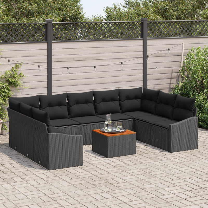 10 Piece Garden Sofa Set with Cushions Black Poly Rattan Acacia