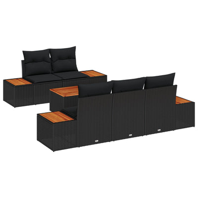 6 Piece Garden Sofa Set with Cushions Black Poly Rattan Acacia