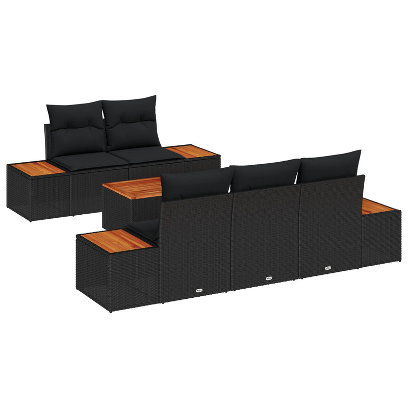 6 Piece Garden Sofa Set with Cushions Black Poly Rattan Acacia