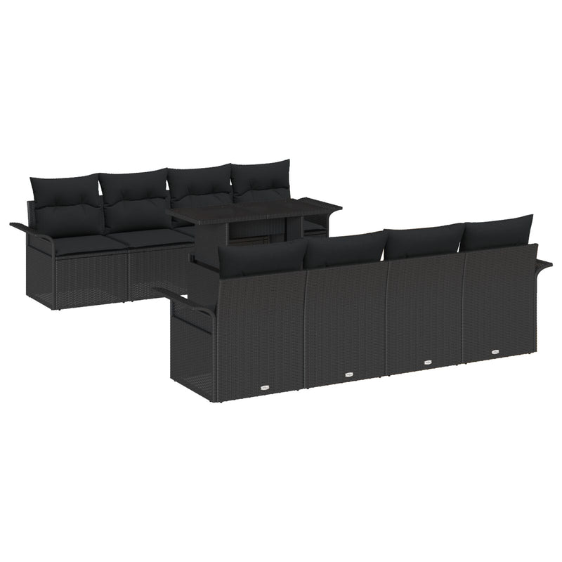 9 Piece Garden Sofa Set with Cushions Black Poly Rattan