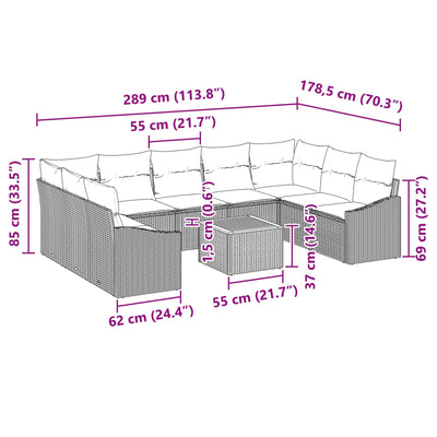 10 Piece Garden Sofa Set with Cushions Grey Poly Rattan Acacia