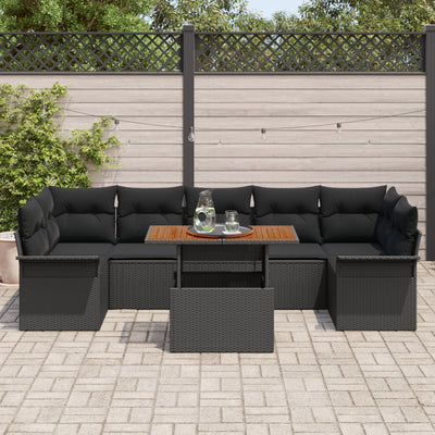 8 Piece Garden Sofa Set with Cushions Black Poly Rattan Acacia