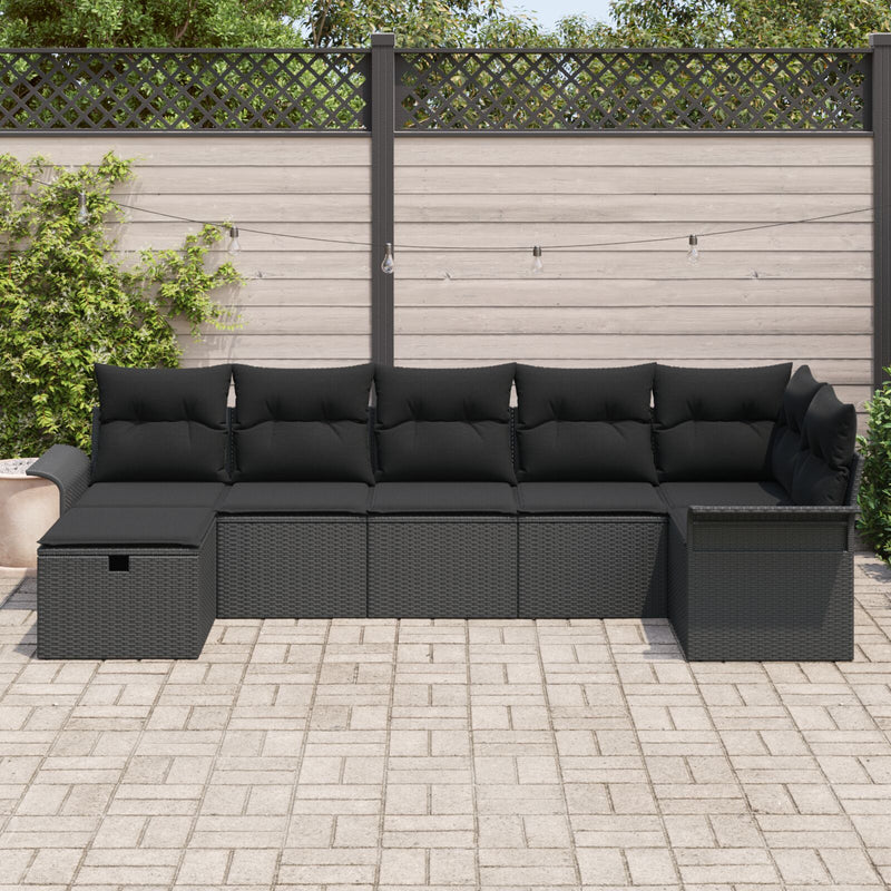 7 Piece Garden Sofa Set with Cushions Black Poly Rattan