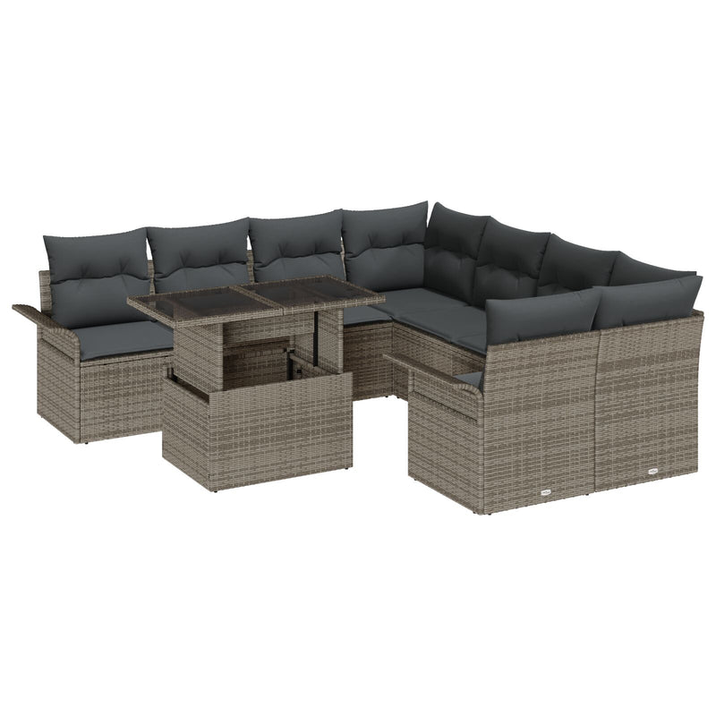 9 Piece Garden Sofa Set with Cushions Grey Poly Rattan