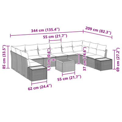 11 Piece Garden Sofa Set with Cushions Black Poly Rattan Acacia