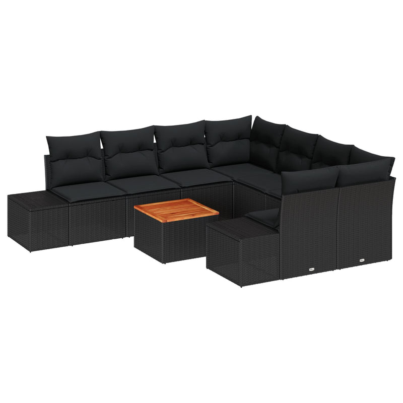 9 Piece Garden Sofa Set with Cushions Black Poly Rattan Acacia