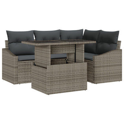 5 Piece Garden Sofa Set with Cushions Grey Poly Rattan