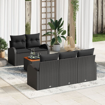 6 Piece Garden Sofa Set with Cushions Black Poly Rattan Acacia