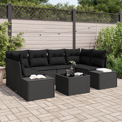 7 Piece Garden Couch Set with Cushions Black Poly Rattan
