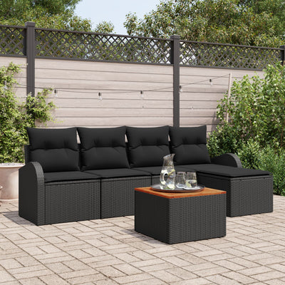 6 Piece Garden Sofa Set with Cushions Black Poly Rattan Acacia