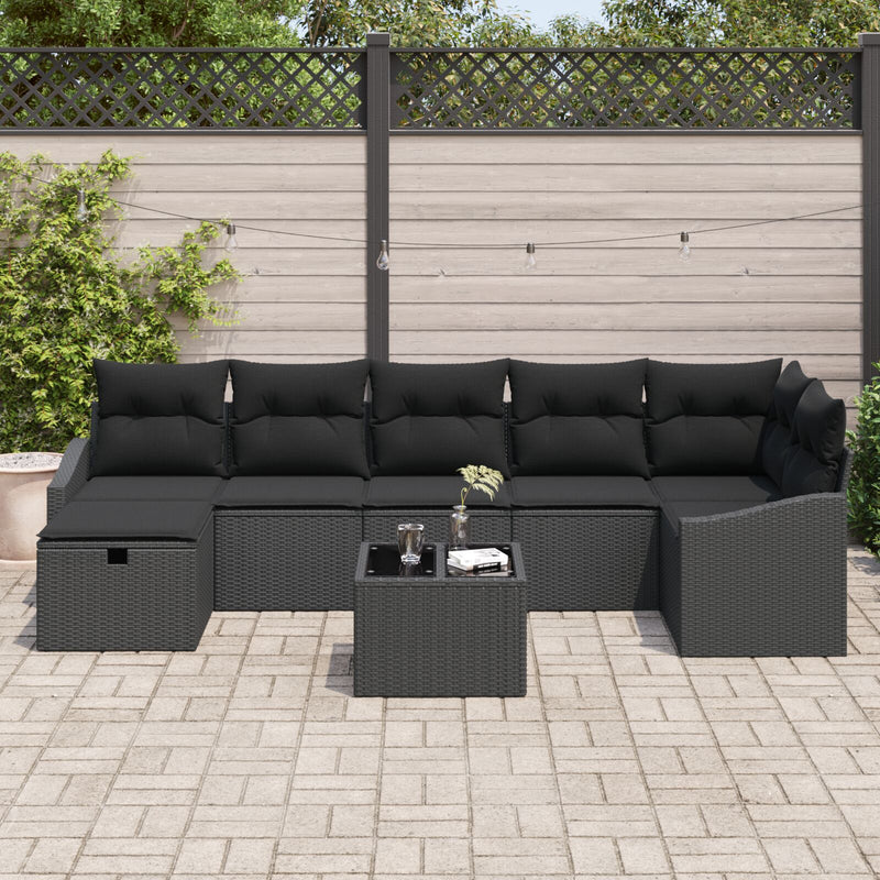 8 Piece Garden Sofa Set with Cushions Black Poly Rattan