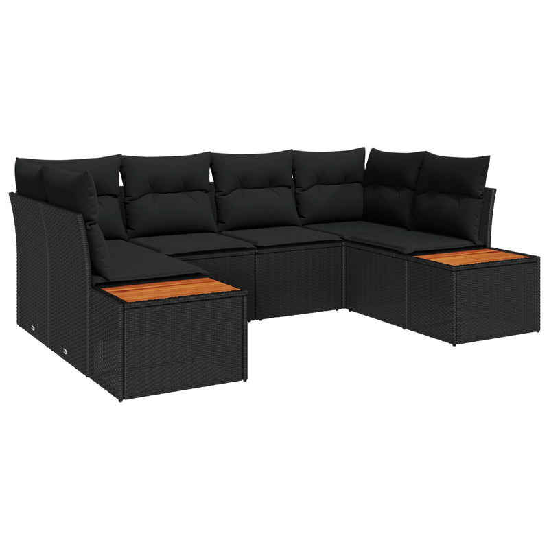 6 Piece Garden Sofa Set with Cushions Black Poly Rattan Acacia