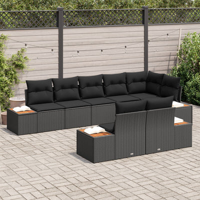 8 Piece Garden Sofa Set with Cushions Black Poly Rattan Acacia