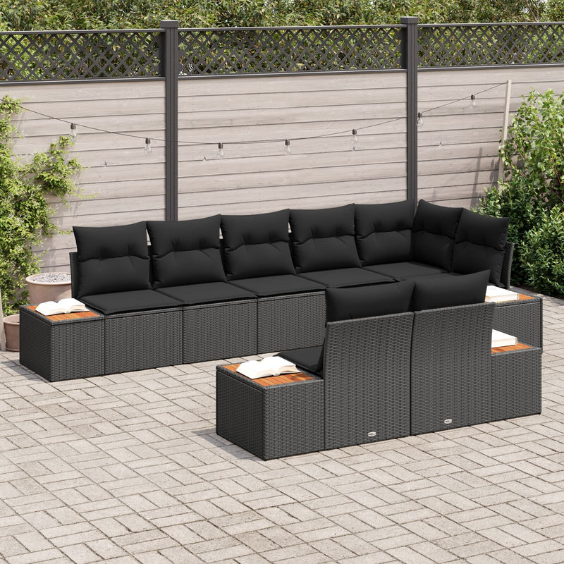 8 Piece Garden Sofa Set with Cushions Black Poly Rattan Acacia