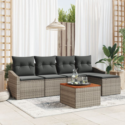 6 Piece Garden Sofa Set with Cushions Grey Poly Rattan Acacia