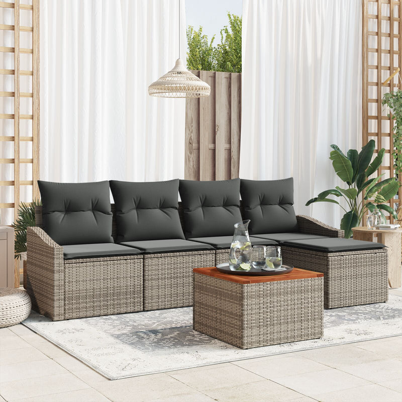 6 Piece Garden Sofa Set with Cushions Grey Poly Rattan Acacia