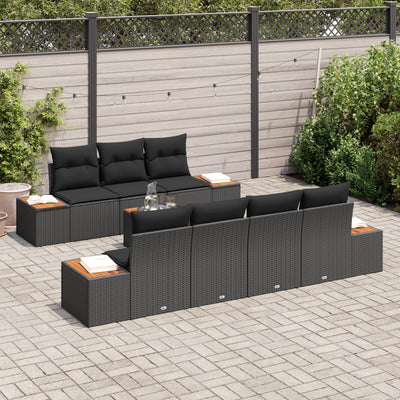 8 Piece Garden Sofa Set with Cushions Black Poly Rattan Acacia