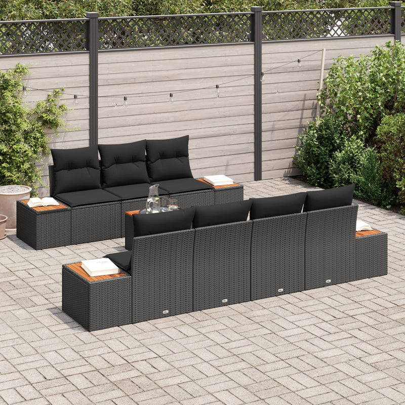 8 Piece Garden Sofa Set with Cushions Black Poly Rattan Acacia