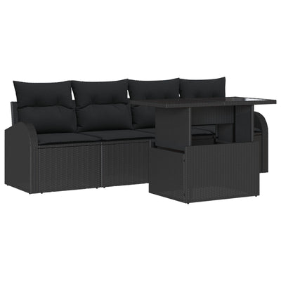 5 Piece Garden Sofa Set with Cushions Black Poly Rattan