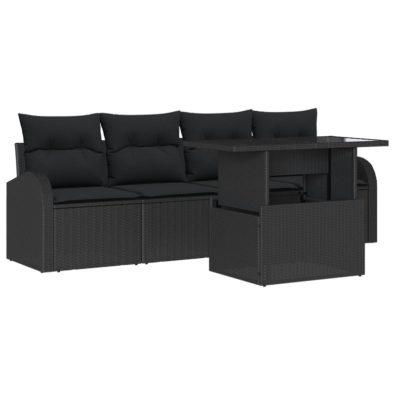 5 Piece Garden Sofa Set with Cushions Black Poly Rattan
