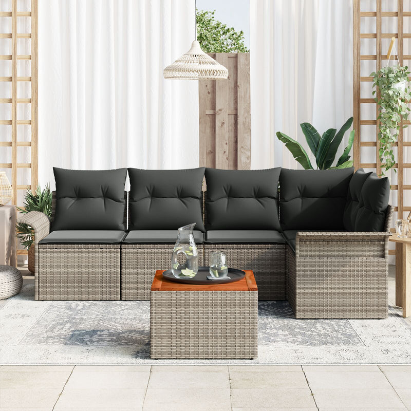 6 Piece Garden Sofa Set with Cushions Grey Poly Rattan Acacia