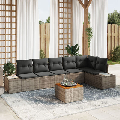 7 Piece Garden Sofa Set with Cushions Grey Poly Rattan Acacia