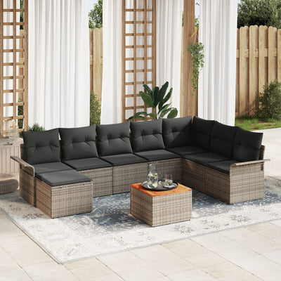 9 Piece Sofa Set with Cushions Grey Poly Rattan Acacia