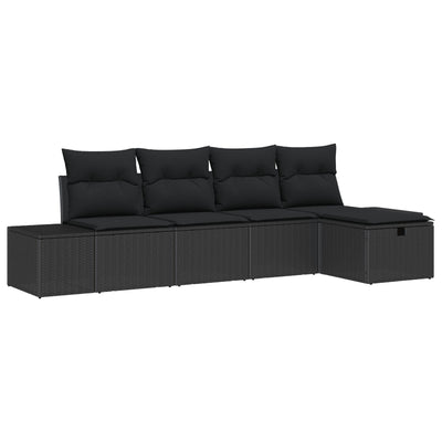 5 Piece Garden Sofa Set with Cushions Black Poly Rattan