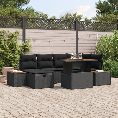 7 Piece Garden Sofa Set with Cushions Black Poly Rattan