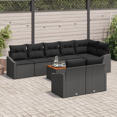9 Piece Garden Sofa Set with Cushions Black Poly Rattan Acacia