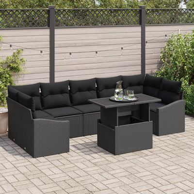 Garden Sofa Set 8 Pieces Black Rattan and Polyester Outdoor Table