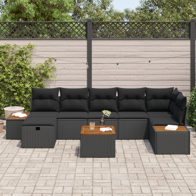 8 Piece Garden Sofa Set with Cushions Black Poly Rattan
