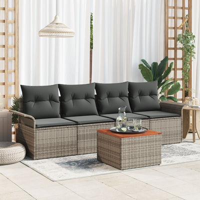 5 Piece Garden Sofa Set with Cushions Grey Poly Rattan Acacia