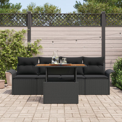 5 Piece Garden Sofa Set with Cushions Black Poly Rattan Acacia