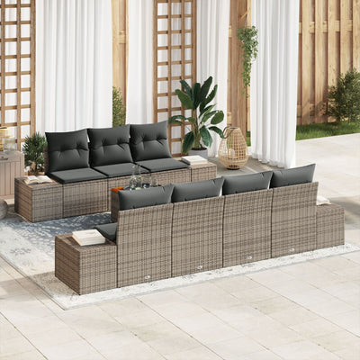 8 Piece Garden Sofa Set with Cushions Grey Poly Rattan Acacia