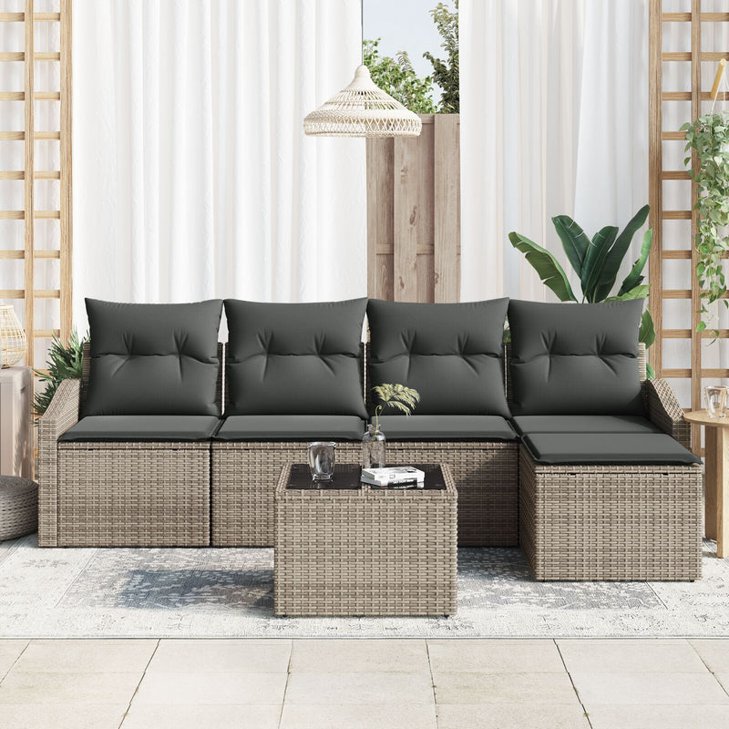 5 Piece Garden Sofa Set with Cushions Black Poly Rattan
