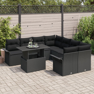 9 Piece Garden Couch Set with Cushions Black Poly Rattan