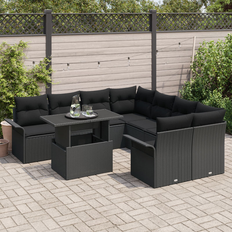9 Piece Garden Couch Set with Cushions Black Poly Rattan
