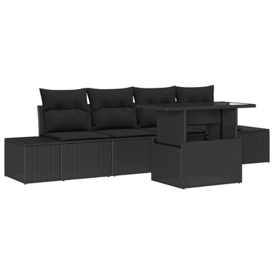 5 Piece Garden Sofa Set with Cushions Black Poly Rattan