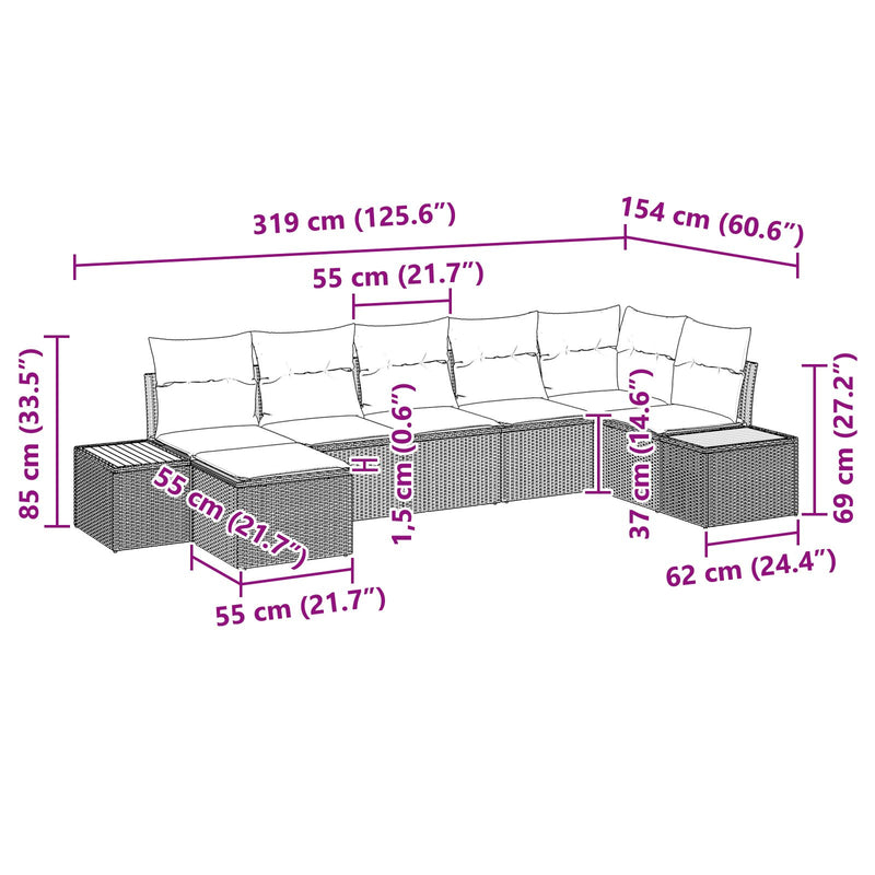 7 Piece Garden Sofa Set with Cushions Black Poly Rattan Acacia