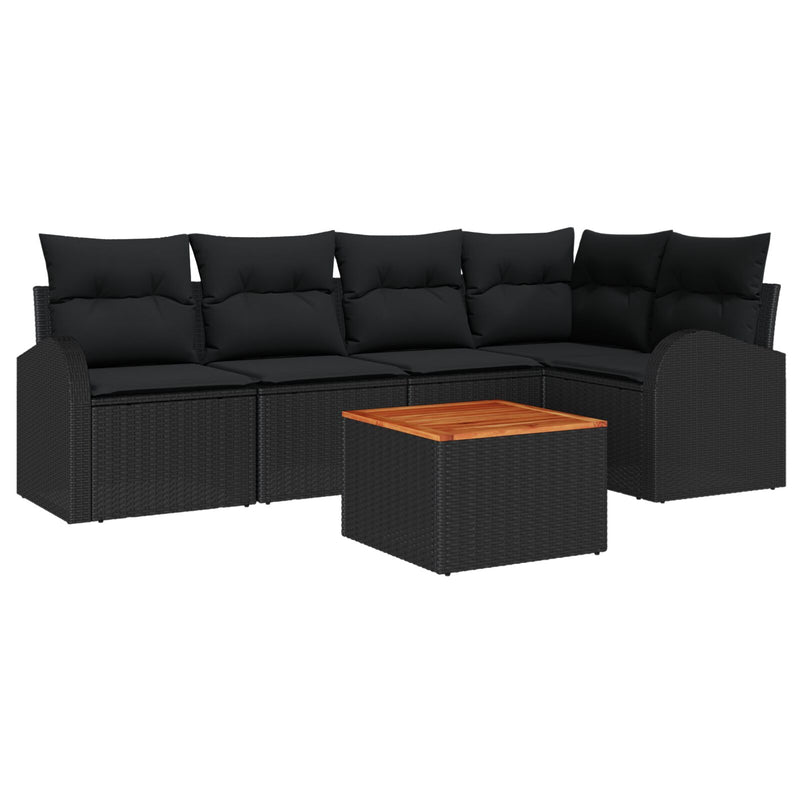 6 Piece Garden Sofa Set with Cushions Black Poly Rattan Acacia