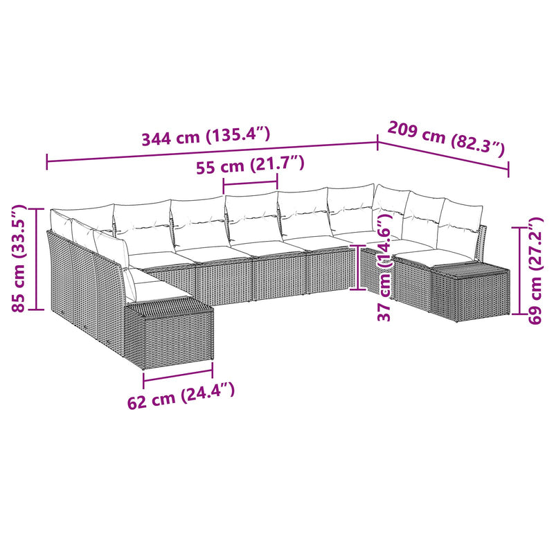 10 Piece Garden Sofa Set with Cushions in Black Poly Rattan