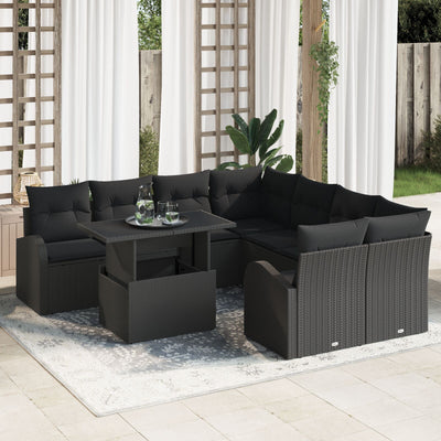 9 Piece Garden Sofa Set with Cushions Black Poly Rattan