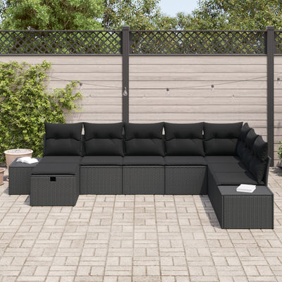 8 Piece Garden Sofa Set with Cushions Black Poly Rattan