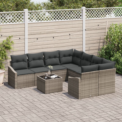 9 Piece Garden Sofa Set with Cushions Grey Poly Rattan