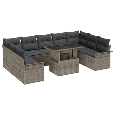10 Piece Garden Sofa Set with Cushions Grey Poly Rattan